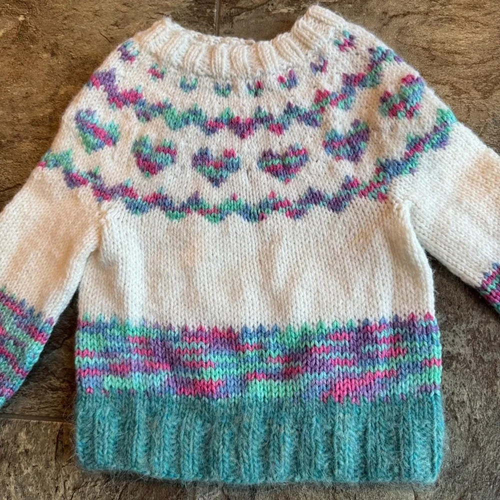 OOAK Hand Knit Handmade Colorful Heart Sweater, Kids Pullover, Cozy Winter Top‎ - Picture 2 of 7